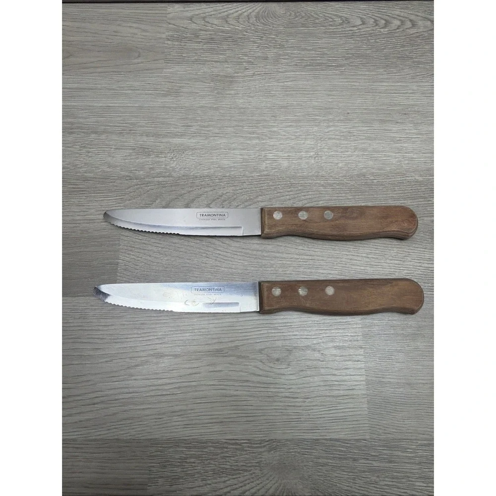 Pair Of Tramontina Stainless Steel Jumbo Steak Knifes Polywood Handles Brazil 5